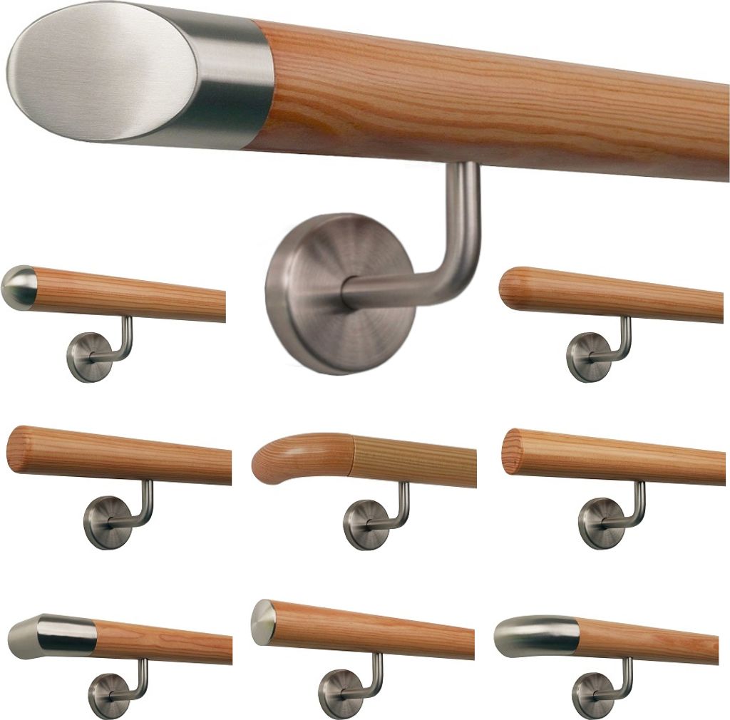 TIBU Lärche Holz Handlauf Geländer 0,3m - 5m, Länge 230 cm, schräges Edelstahlendstück und 3 gewinkelte Halter
