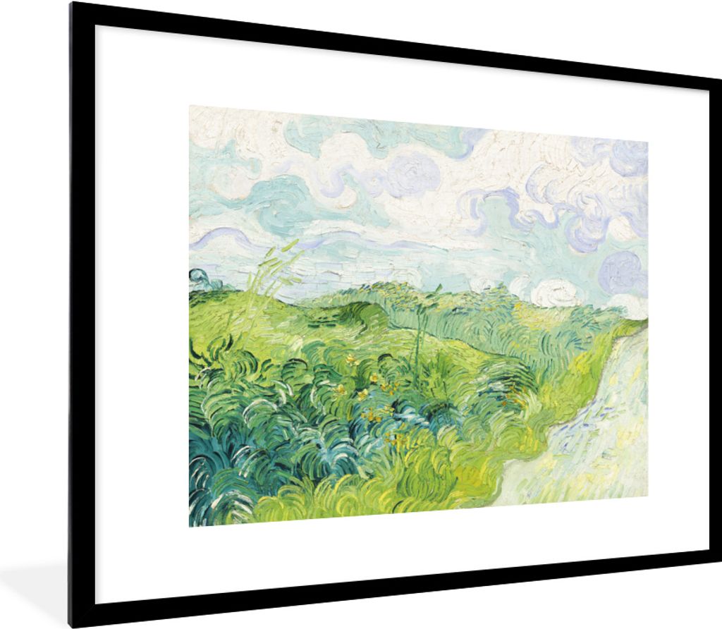 MuchoWow MuchoWow Gerahmtes Poster Grüne Weizenfelder bei Auvers - Vincent van Gogh 80x60 cm - Poster mit zchwarzem Bilderrahmen - Schlafzimme...