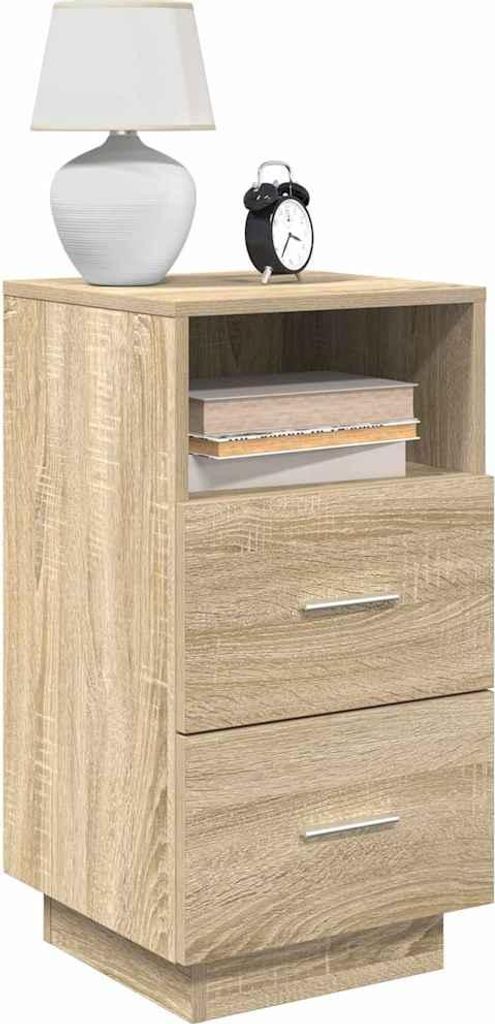 A bedside table with two drawers and an open shelf, topped with a lamp and an alarm clock.