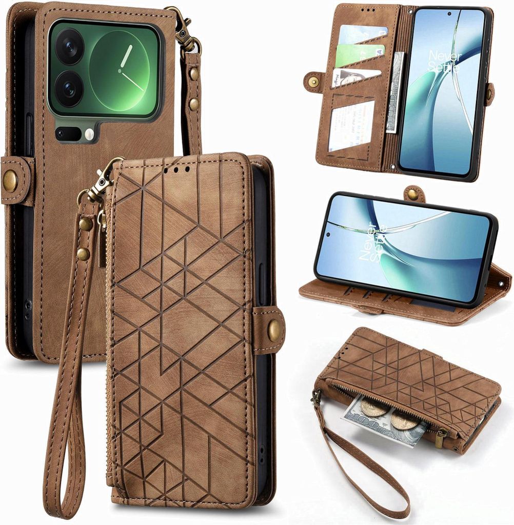 Für Xiaomi 17 Pro Max Geometric Kunstleder Zipper Book Wallet Hülle Tasche Braun