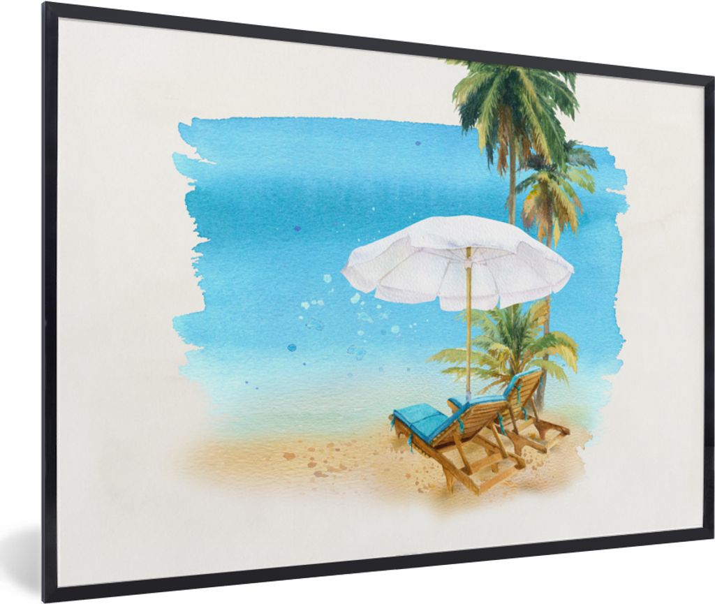 MuchoWow MuchoWow Gerahmtes Poster Strandkorb - Sonnenschirm - Palmen - Wasserfarben 30x20 cm - Poster mit zchwarzem Bilderrahmen - Kunstdruck ...
