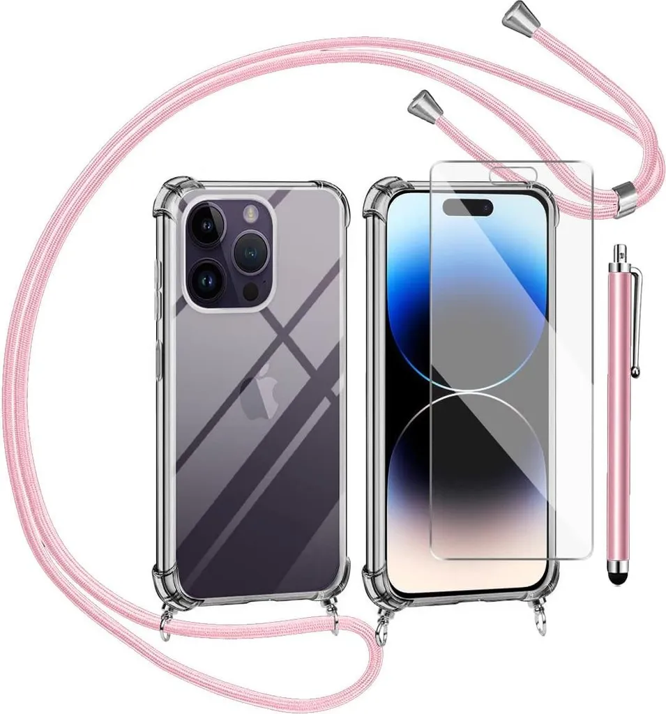 Set Custodia iPhone 14 Pro Rosa + Vetro Temperato + Cordino Stiletto