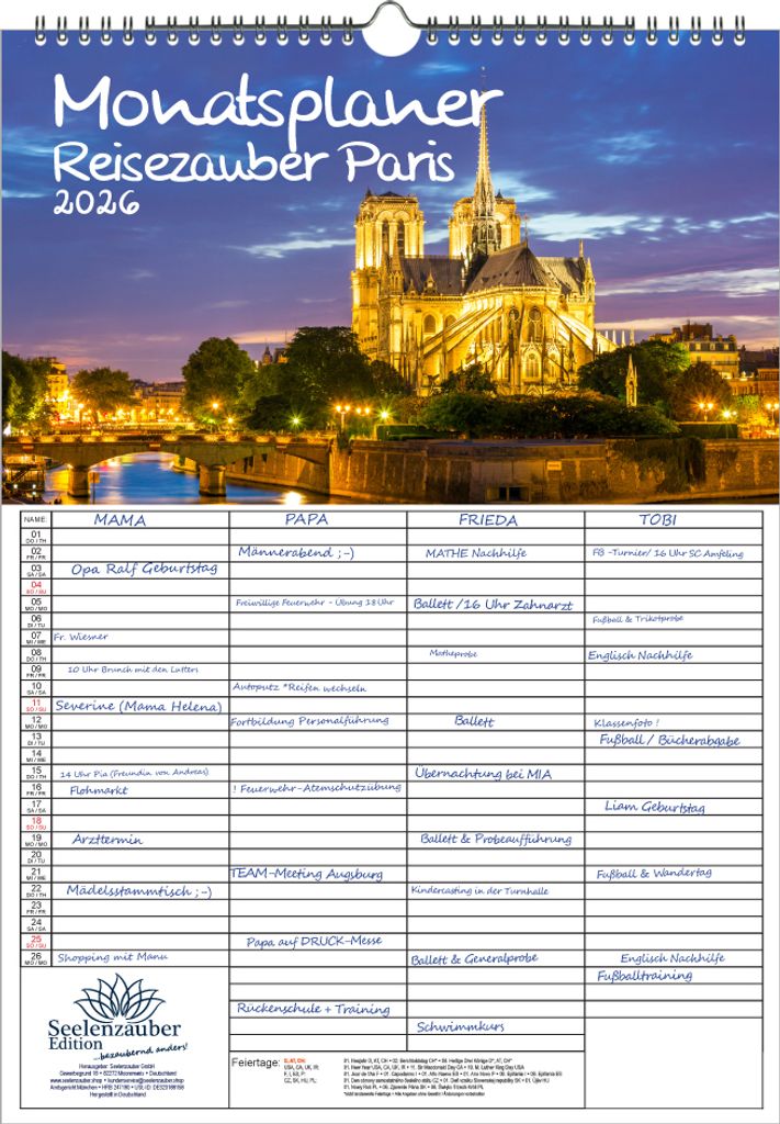 Reisezauber Paris Planer Familienplaner 4 Spaltenplaner DIN A3 Kalender für 2026 Urlaub Frankreich - Seelenzauber