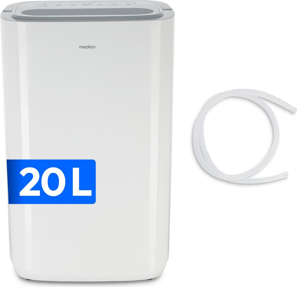 A white electric dehumidifier with a blue label indicating its capacity, and a white hose accessory next to it, all on a white background.