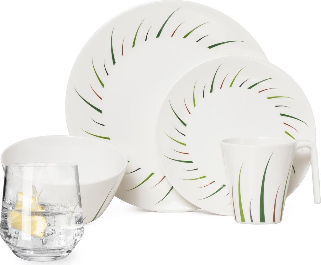 Melamin Camping Geschirr Set 4 Personen Limon Design 16 Teilig + Milano Gläser Wassergläser Tafelgeschirr Picknick BBQ Kochgeschirr