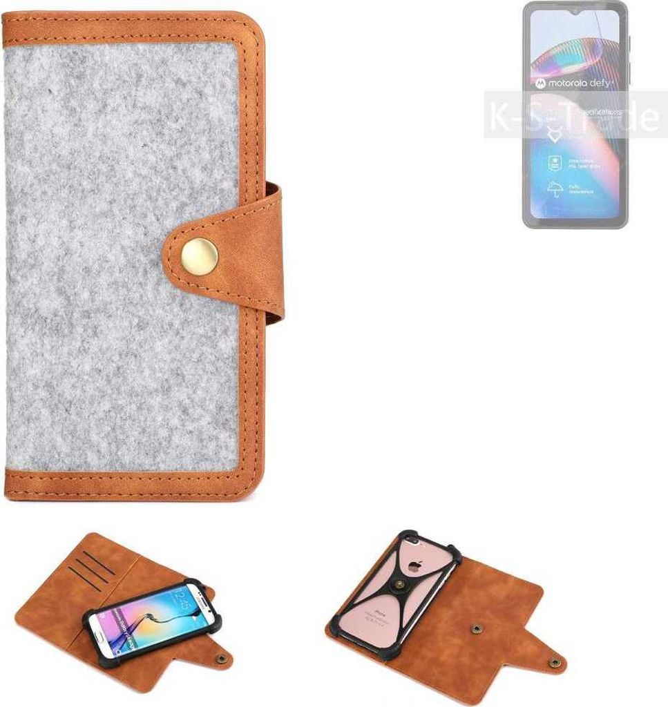 K-S-Trade Handyhülle kompatibel mit Motorola Defy 2 Schutzhülle Filz-Hülle Kunst-Leder hellgrau braun (1x)