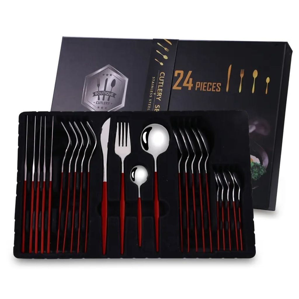 Elegantes 24-teiliges Besteckset in Silber/Rot - Hochwertiges Edelstahlbesteck KP26401
