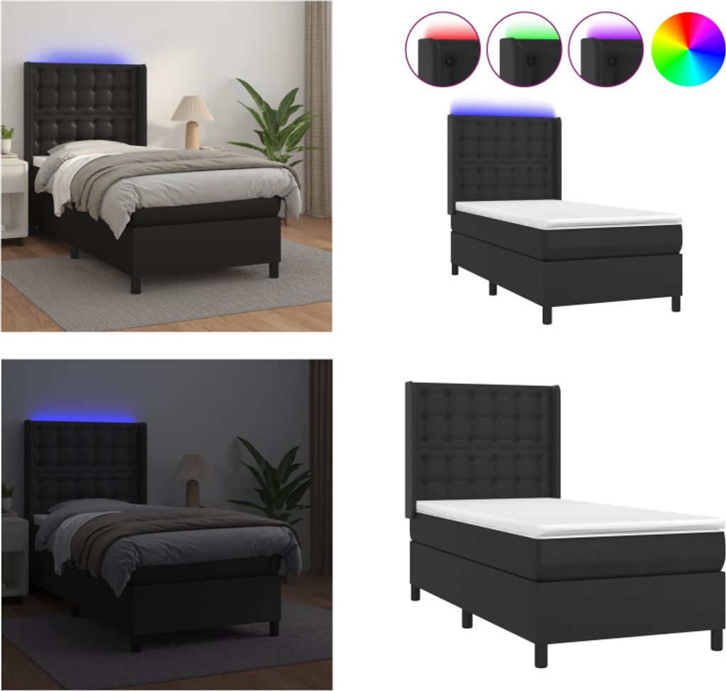 vidaXL Boxspringbett mit Matratze & LED Schwarz 100x200 cm Kunstleder - Boxspringbett - Boxspringbetten - Bett - Betten