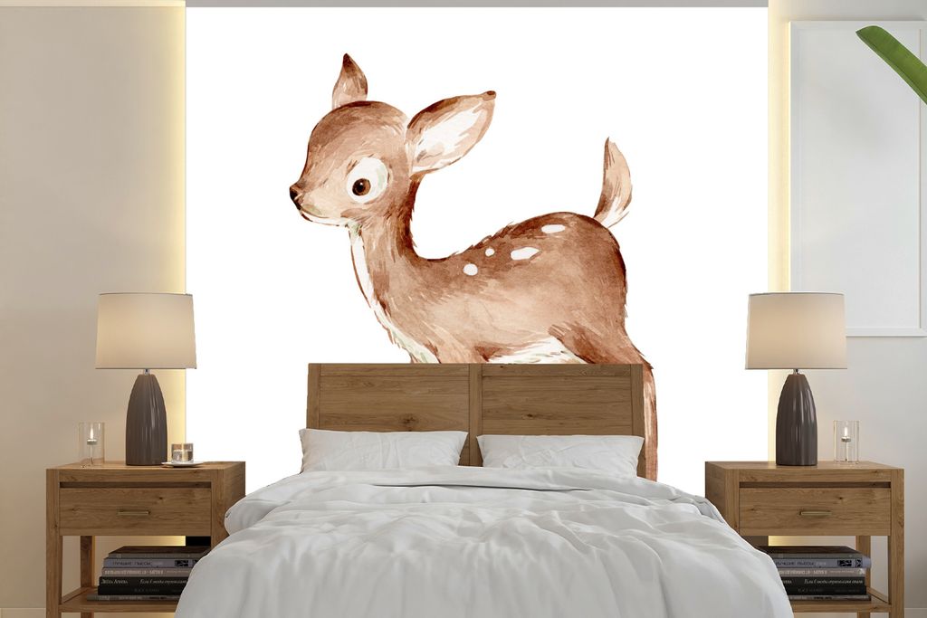 MuchoWow Fototapete für Wohnzimmer oder Schlafzimmer Wandtapete Vinyl Motivtapete Hirsche - Aquarell - Weiß - 350x350 cm - Schlafzimmertapete