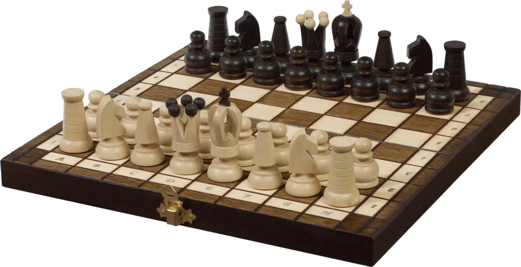 Petit Jeu d'Échecs Royal 27x27cm avec Plateau Pliant et Pièces en Bois