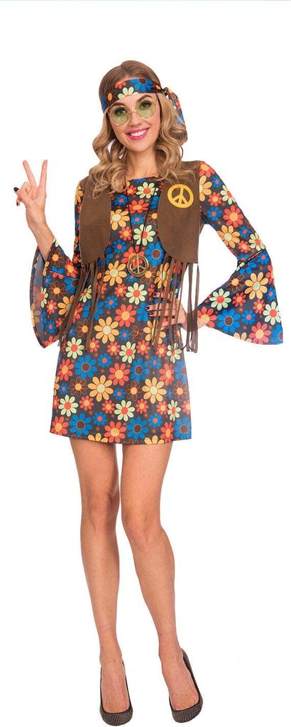 A woman modeling a 70s-style hippie costume.