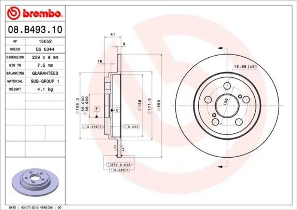 Disque de frein arrière Brembo 08.B493.10 pour l'entretien Urban Cruiser
