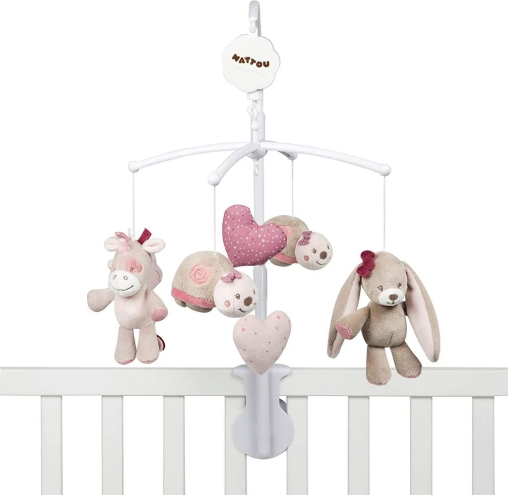 Nattou Mobile mit Spieluhr Nina, Jade und Lili, Sanftes Wiegelied "La-Le-Lu", 48 x 7 x 15 cm, Beige/Rosa/ Weiß Nina, Jade & Lili