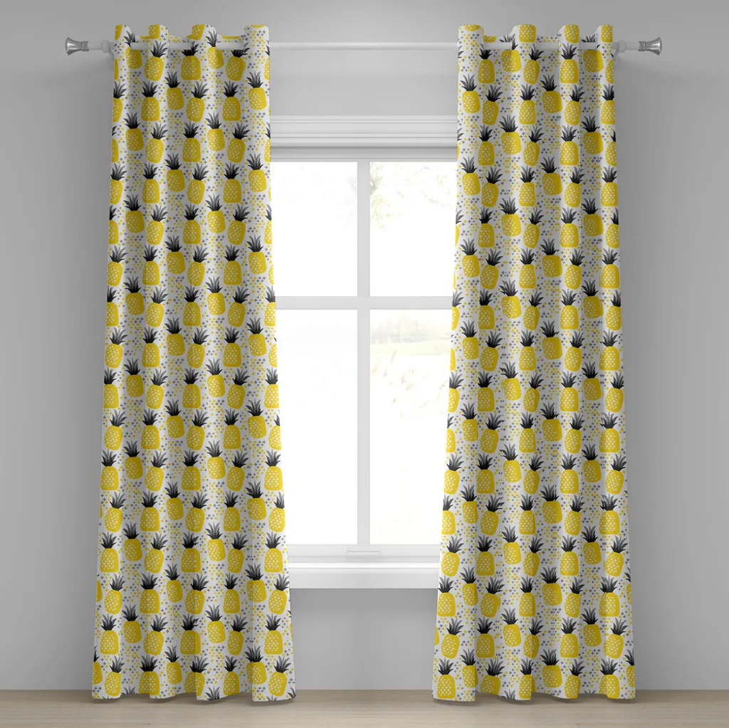 ABAKUHAUS Rideau à œillets exotique motif ananas jaune et gris 280x245cm