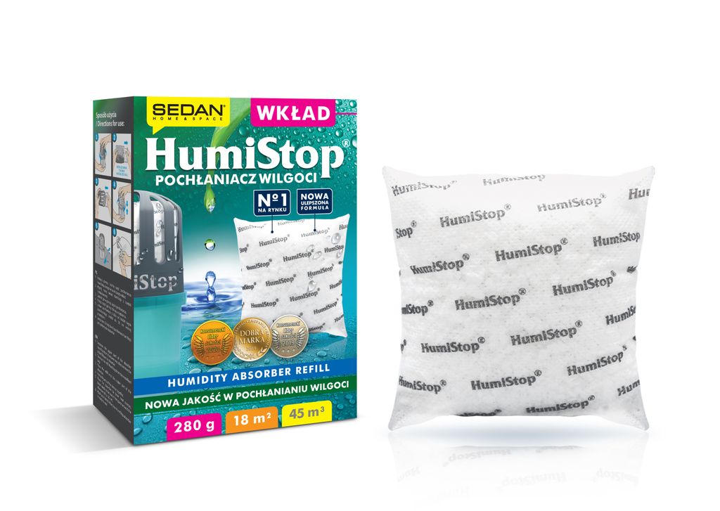 A product shot of a HumiStop humidity absorber refill package and the refill bag itself, presented on a white background.