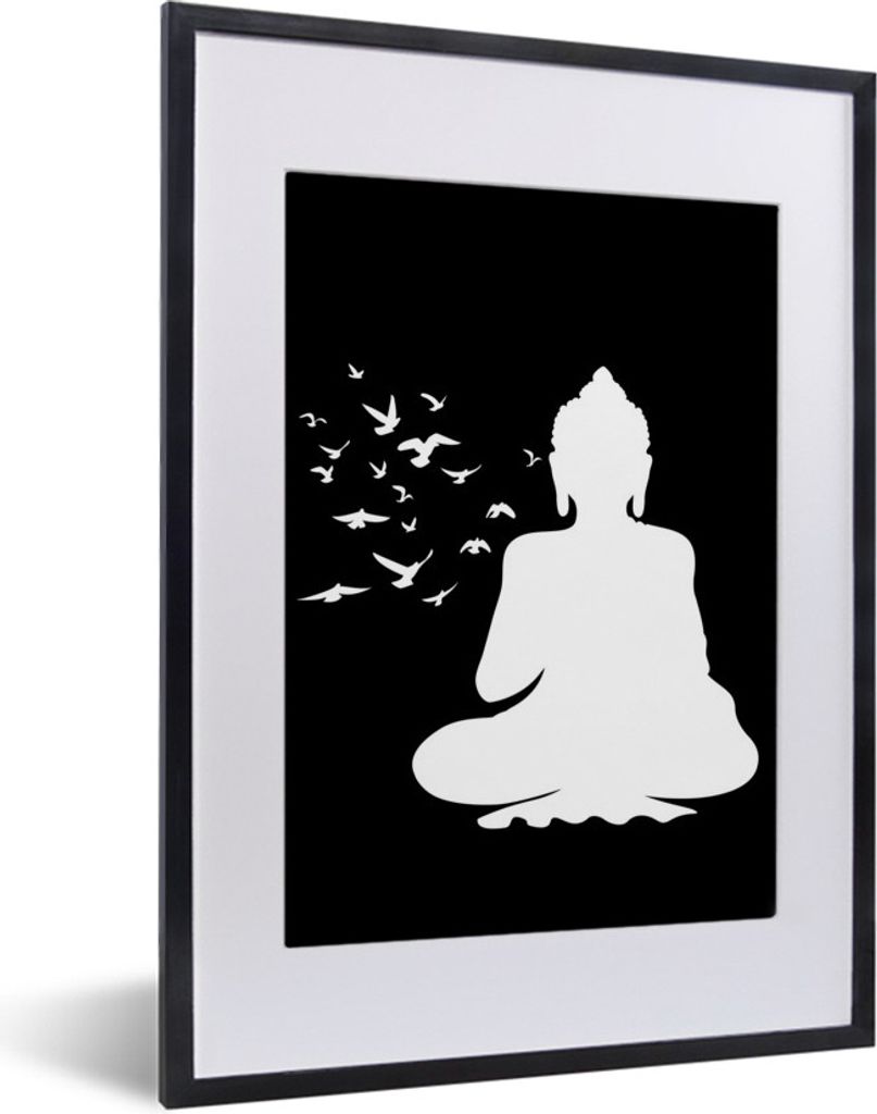 MuchoWow MuchoWow Gerahmtes Poster Buddha - Vögel - Meditation 30x40 cm - Poster mit zchwarzem Bilderrahmen - Wandposter Schlafzimmer