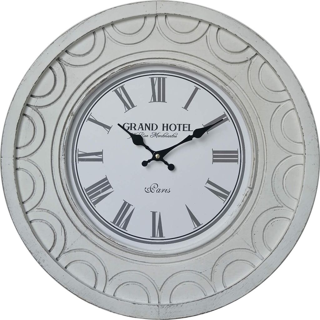 Rebecca Mobili Wanduhr mit geschnitzten römischen Ziffern aus weißem Holz, Ø 50 cm