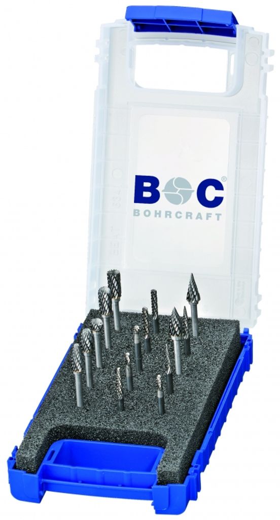 Bohrcraft HM-Kleinfrässtifte in Kunststoffkassette - 15-tlg. 1 x 3,0 + 6,0 mm Form B/C/D/E/F/G/M + H 3,0 - (VPE: 1 Stk.)