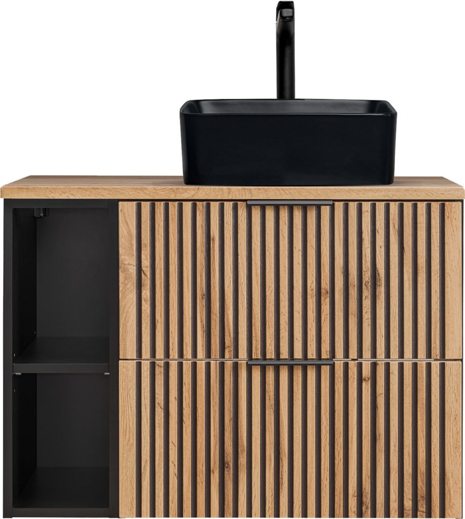 Waschtisch 80 cm Unterschrank mit Regal, Aufsatzwaschbecken schwarz matt XANTEN-56 in anthrazit mit Eiche Nb. schwarz gerillt, B/H/T: ca. 80,6/72,2...