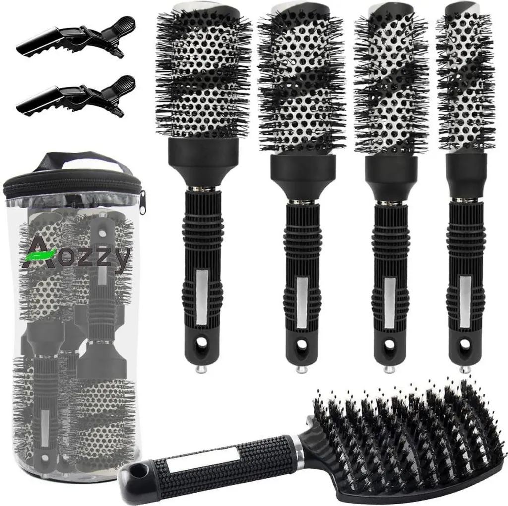 Set di spazzole rotonde professionali per asciugatura e styling, spazzola per capelli agli ioni di ceramica con setole di cinghiale massaggianti