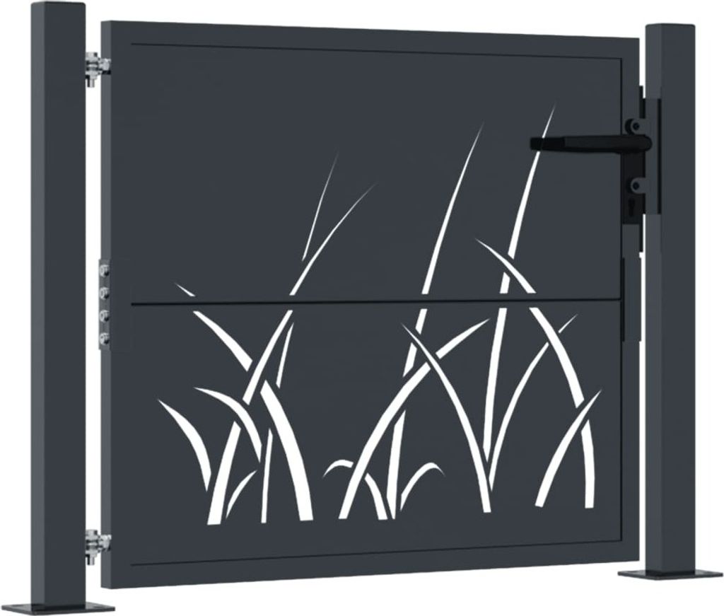 A dark grey metal garden gate with a white grass design cut out, shown against a white background.