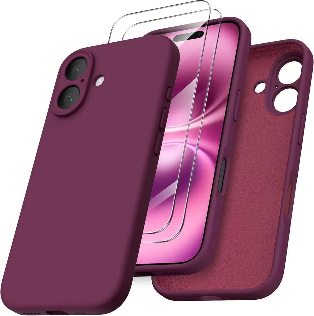 ORNARTO Cover iPhone 16 Vino Rosso Silicone Liquido con Pellicola