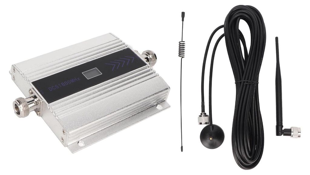 A cell phone signal extender amplifier and its accessories are laid out on a light gray background.