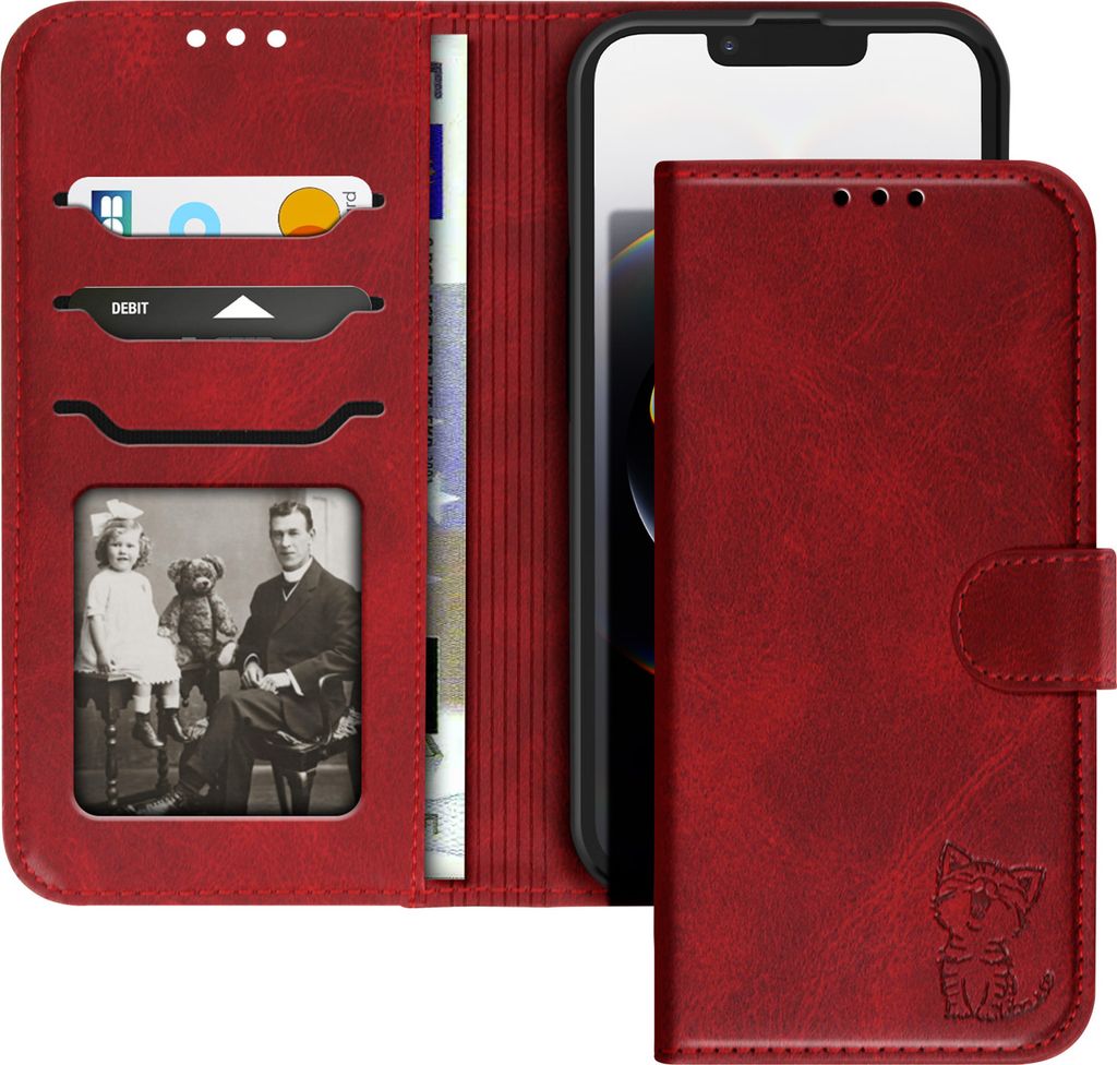 Avizar, Etui für iPhone 16e Motiv Glückliche Katze Portemonnaie und Ständer, Rot