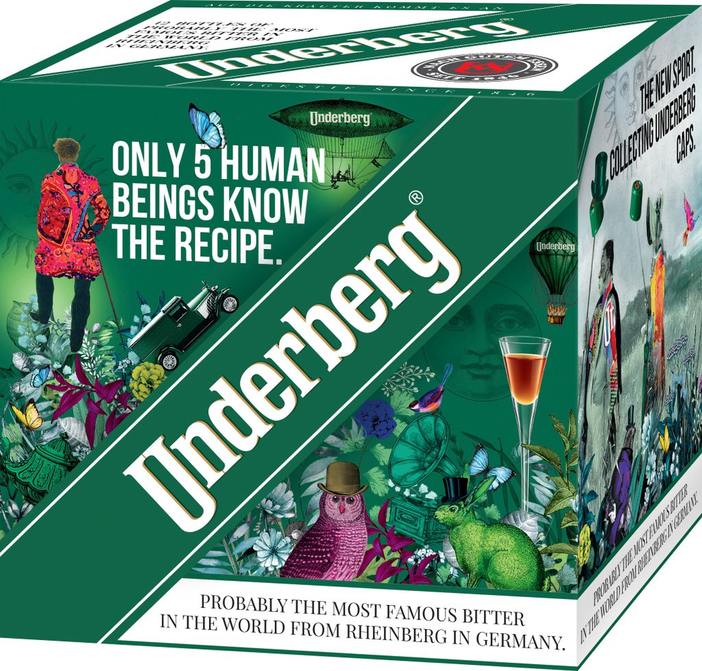 A box of Underberg Kräuterbitter with various illustrations and text.