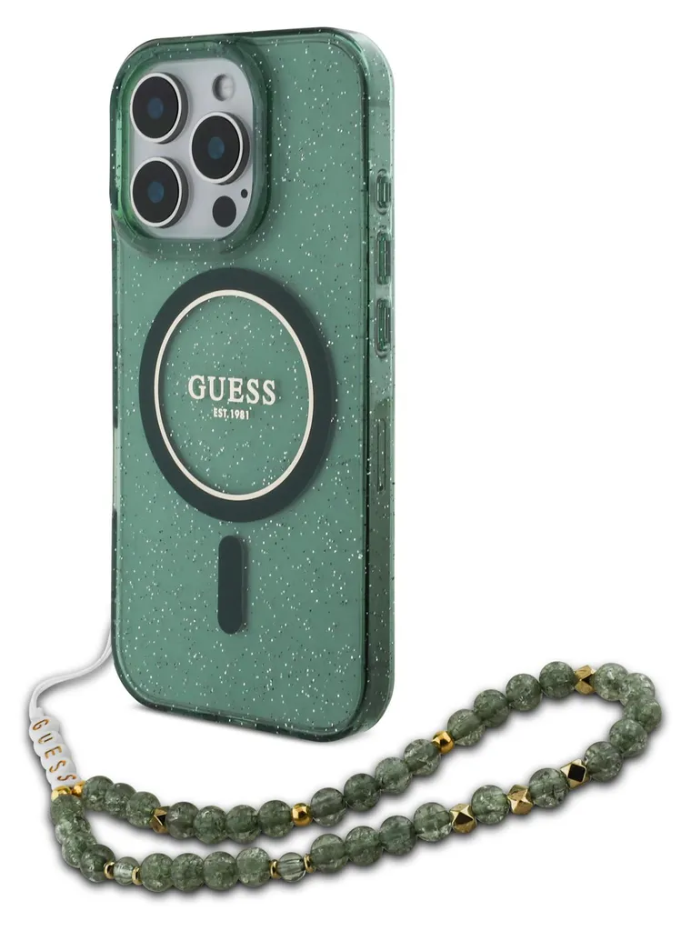 Custodia iPhone 16 Pro Guess Verde Glitter con Perle MagSafe - 2