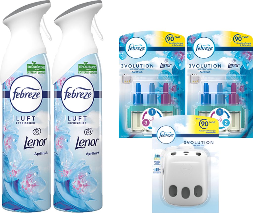 Febreze Set Aprilfrische 2 x 185ml Lufterfrischer Spray & 1x 3Volution Duftstecker Gerät incl. 2 x 20ml Flacon