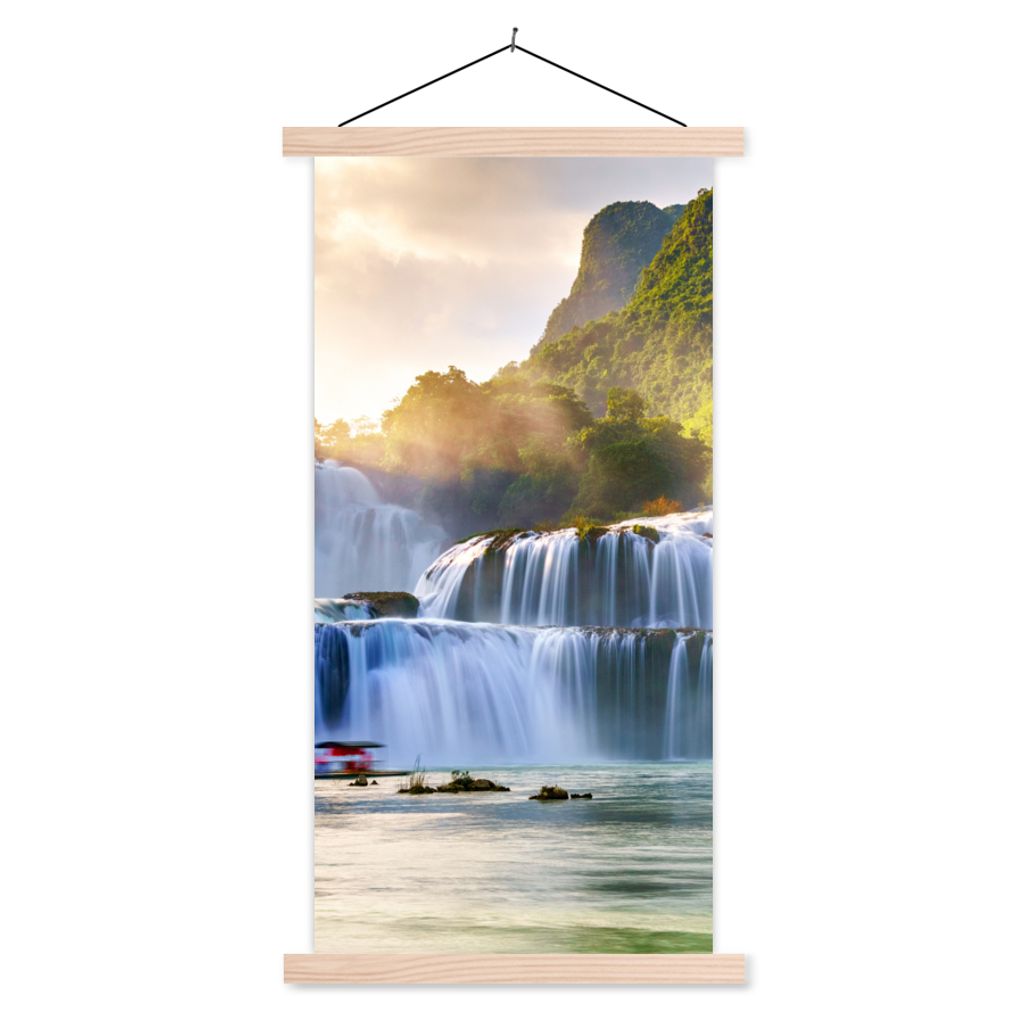 MuchoWow Textilposter Wasserfall - Pflanzen - Sonne - Wasser - Natur 60x120 cm mit holzfarbenen Rahmen - Holz