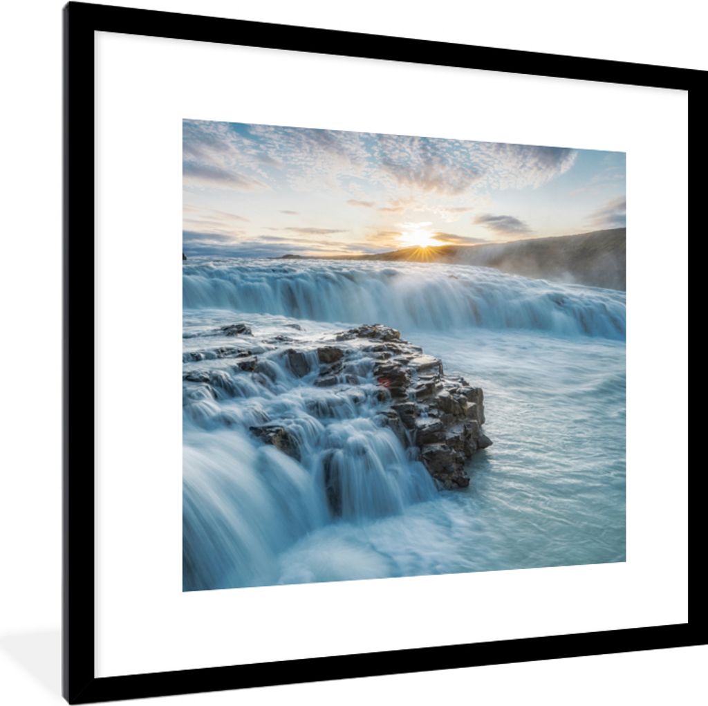 MuchoWow Gerahmtes Poster Wasserfall - Wasser - Steine - Sonne - Natur 40x40 cm - Poster mit Schwarzem Bilderrahmen Wandposter Rahmen Foto Bilder...
