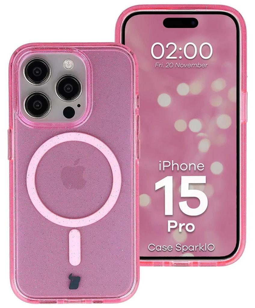 Glitzer Hülle mit Magnetring für iPhone 15 Pro, Bizon Case SparklO, Transparent-Rosa mit Glitzer