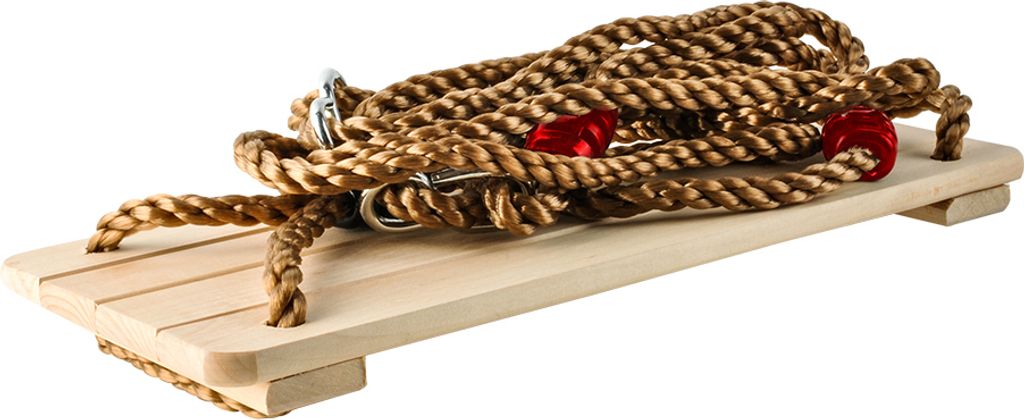 A wooden swing seat with rope and red accents on a white background.