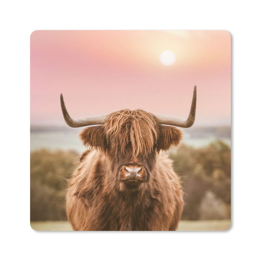 MuchoWow Mauspad Mousepad Natur - Schottischer Highlander - Rosa 20x20 cm - Mousepads - Maus Mat - Pad - Mausunterlage - Desk Mat - Bureauartikeln