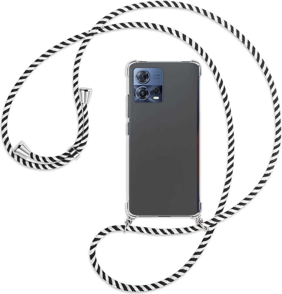 Handykette Backcover-Schutzhülle mit Band (Metall silberfarben) für Motorola Edge 30 Fusion, Moto S30 Pro - schwarz/weiß gestreift