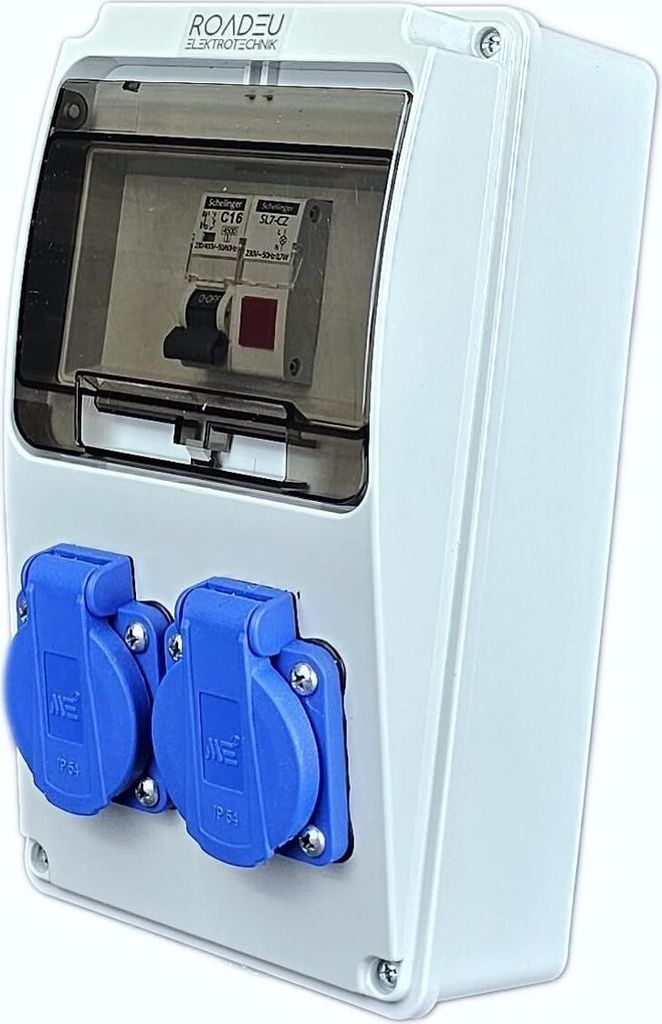 RoadEu - Stromverteiler 230V, 2x Schuko Steckdose - Leuchtmelder Signalleuchte LED Rot, Steckdosenverteiler mit 1x Leistungsschalter C16A.