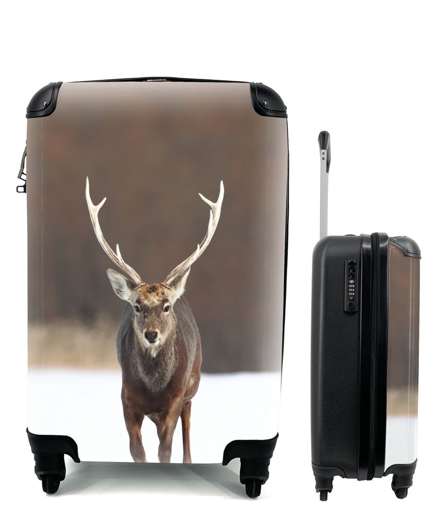 MuchoWow Koffer Handgepäck Trolley Rollkoffer Kleine Reisekoffer mit 4 Rollen - Rotwild - Schnee - Lauf - Cabin Size < 55x40x23 cm & 55x40x20 cm...
