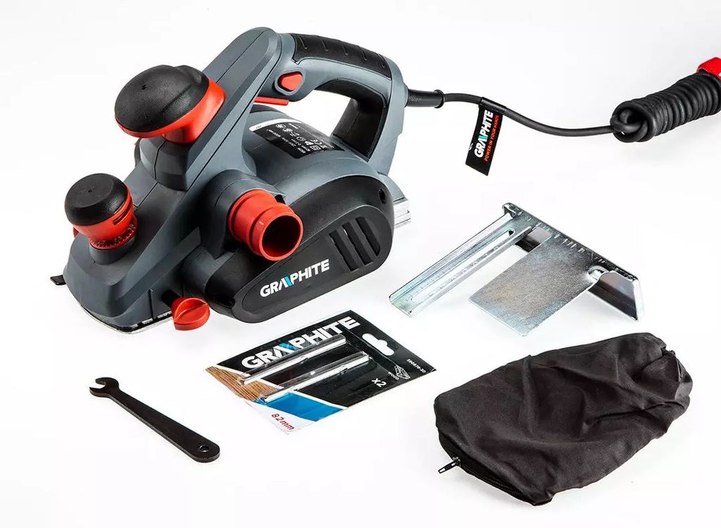 GRAPHITE Elektrischer Handhobel 850W, 16500 U/min, einstellbarer Schnitttiefe, Parallele Führung + Tragarm, Führung für Tiefhobeln, Staubbeutel