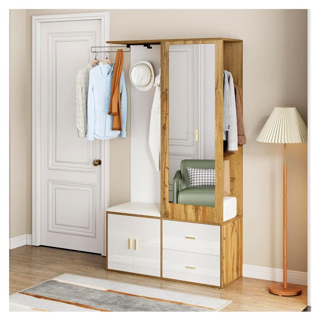 Elegantes Garderobenset mit Spiegel, Schuhschrank und Schuhbank – Platzsparendes Multifunktionsmöbel in Weiß/Holzoptik für den Eingangsbereich...