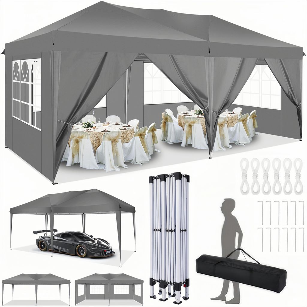 A collage of images showing a gray pop-up canopy tent set up with tables and chairs inside, another image of the tent covering a car, and various components of the tent including its frame, stakes, and a carrying bag. A silhouette of a person is also shown