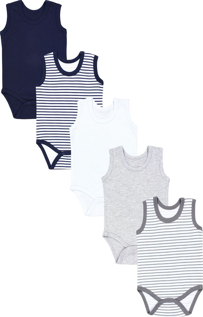 TupTam Baby Jungen Achselbody in Unifarben 5er Pack, Farbe: Streifenmix Blau Grau, Größe: 104
