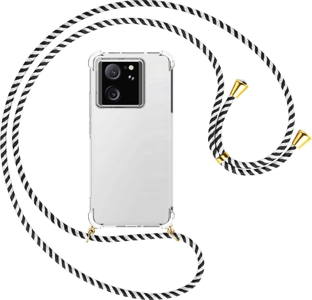 Handykette Backcover-Schutzhülle mit Band (Metall goldfarben) für Xiaomi 13T Pro (6.73'') - schwarz/weiß gestreift