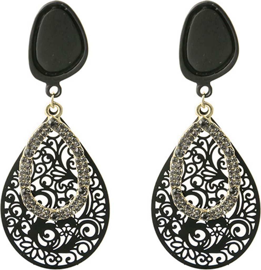Paar Ohrstecker Retro Böhmen Hohle Blume Elegante geometrische schwarze Strass-Intarsien Wassertropfen baumelnde Ohrringe Modeschmuck