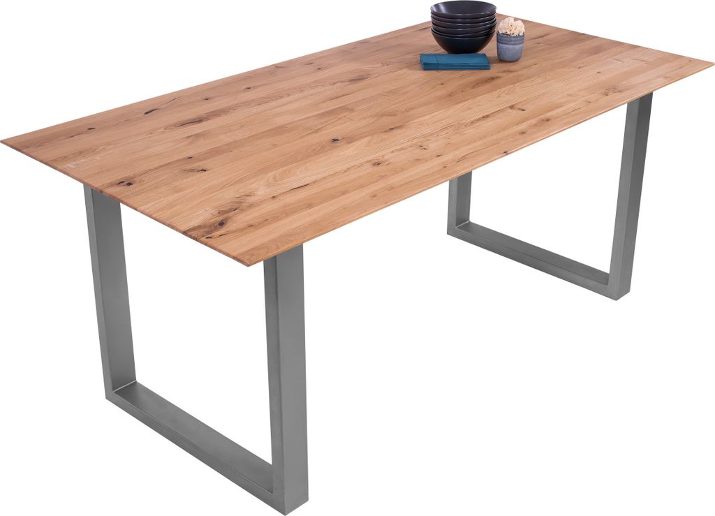 Esszimmertisch Schweizer Kante eckig massiv & geölt Eiche 160x85 silber U-Gestell Lotte