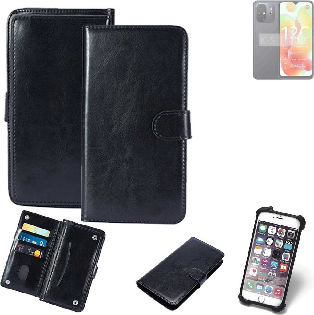 K-S-Trade 360° Hülle kompatibel mit Xiaomi Redmi 12C schwarz Kunstleder Case BookCase WalletCase Kunstlederederhülle Handyhülle, Rundumschutz