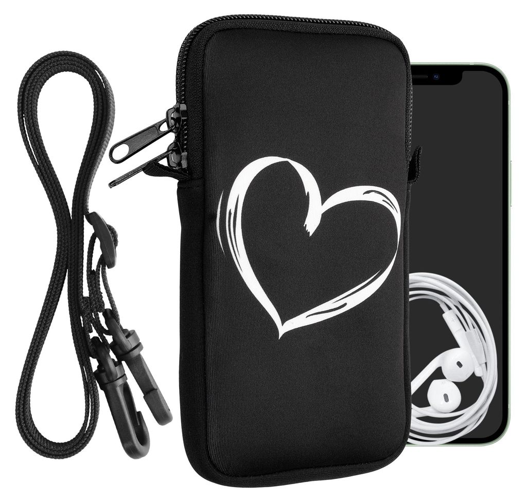 kwmobile Handytasche für Smartphones XXL - 7" - Neopren Handy Hülle Weiß Schwarz - Handy Tasche mit Kette 17,7 x 8,5 cm Innenmaße - Herz Brush