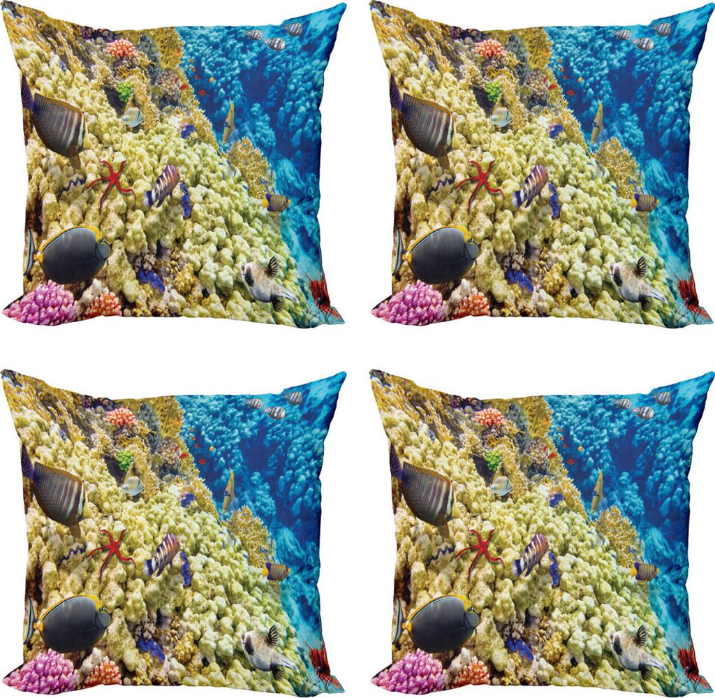 ABAKUHAUS Ozean Kissenbezug Set (4 Stück), Sea Exotic Natural View, Moderner Doppelseitiger Digitaldruck, 40 cm x 40 cm, blau Beige