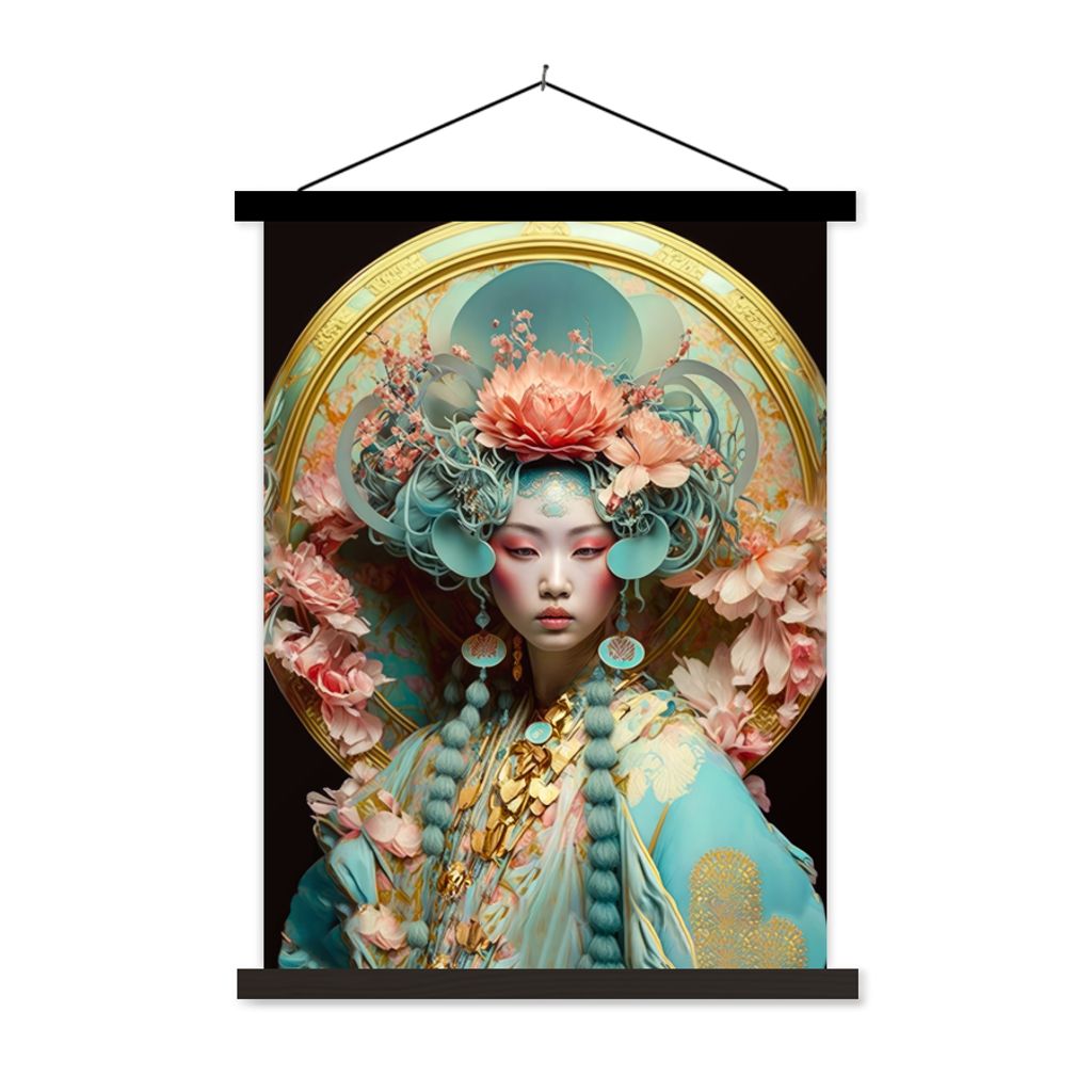 MuchoWow Textilposter Frau - Blumen - Rosa - Porträt - Asiatisch 120x160 cm mit schwarzem Rahmen - Magnetischer
